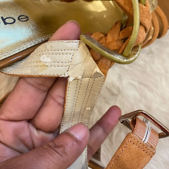 Bebe Brown & Gold Leather Open Toe Heels Sandals - Picture 5 of 5